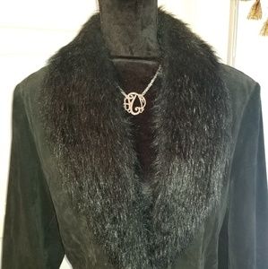 B*lucid suede leather coat w/faux fur trim